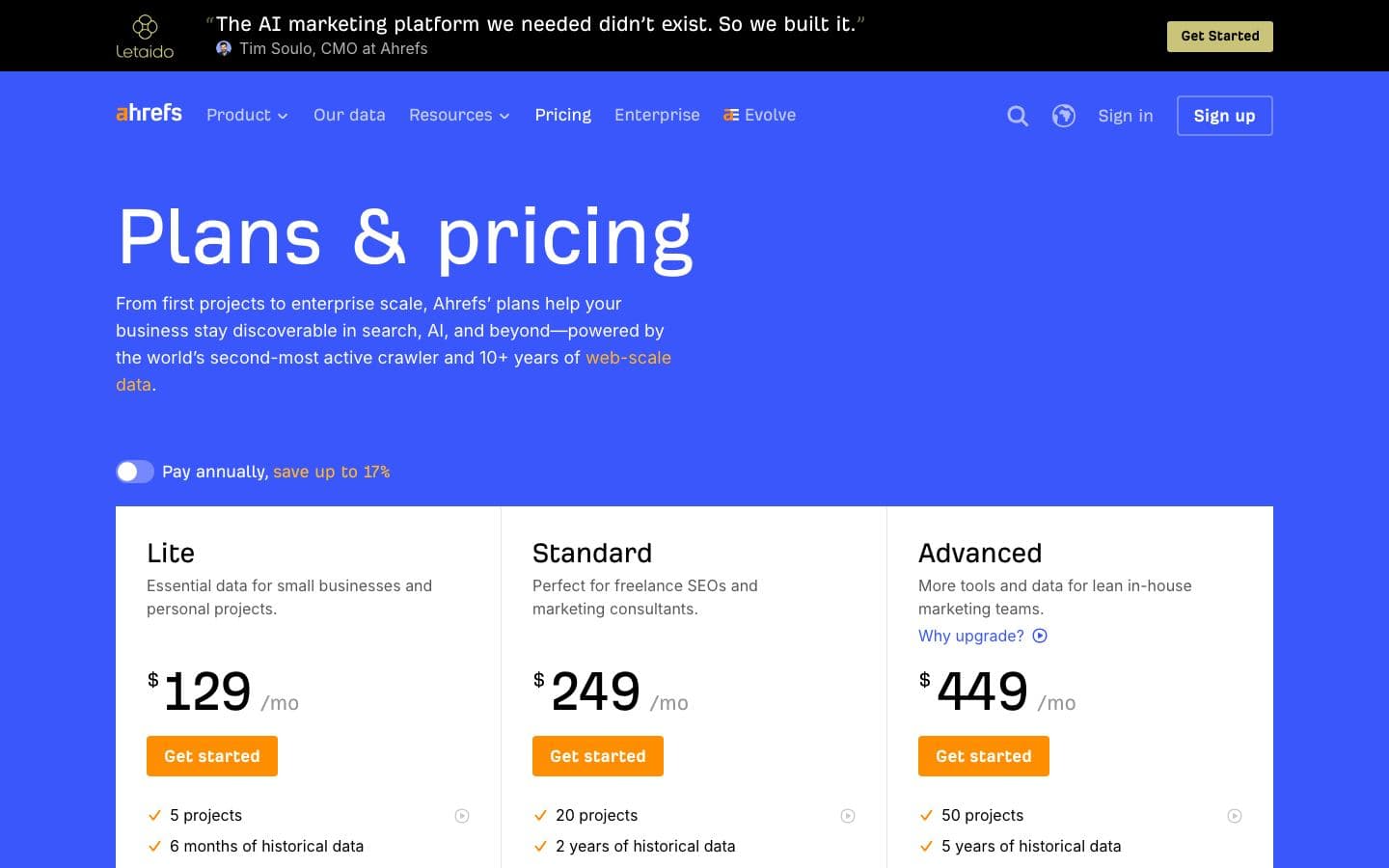 Ahrefs pricing page with its plans and prices