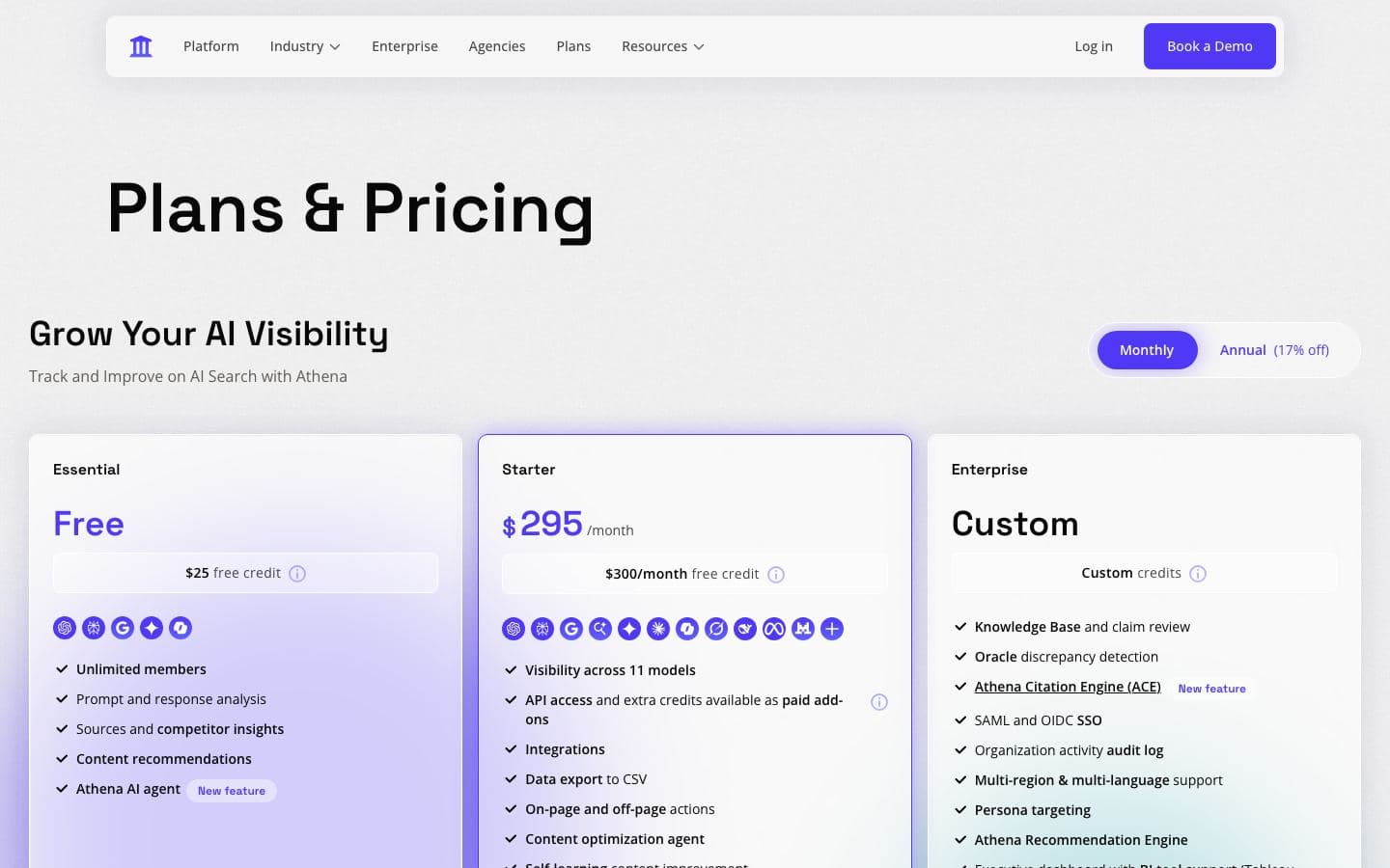 AthenaHQ pricing page with its plans and prices