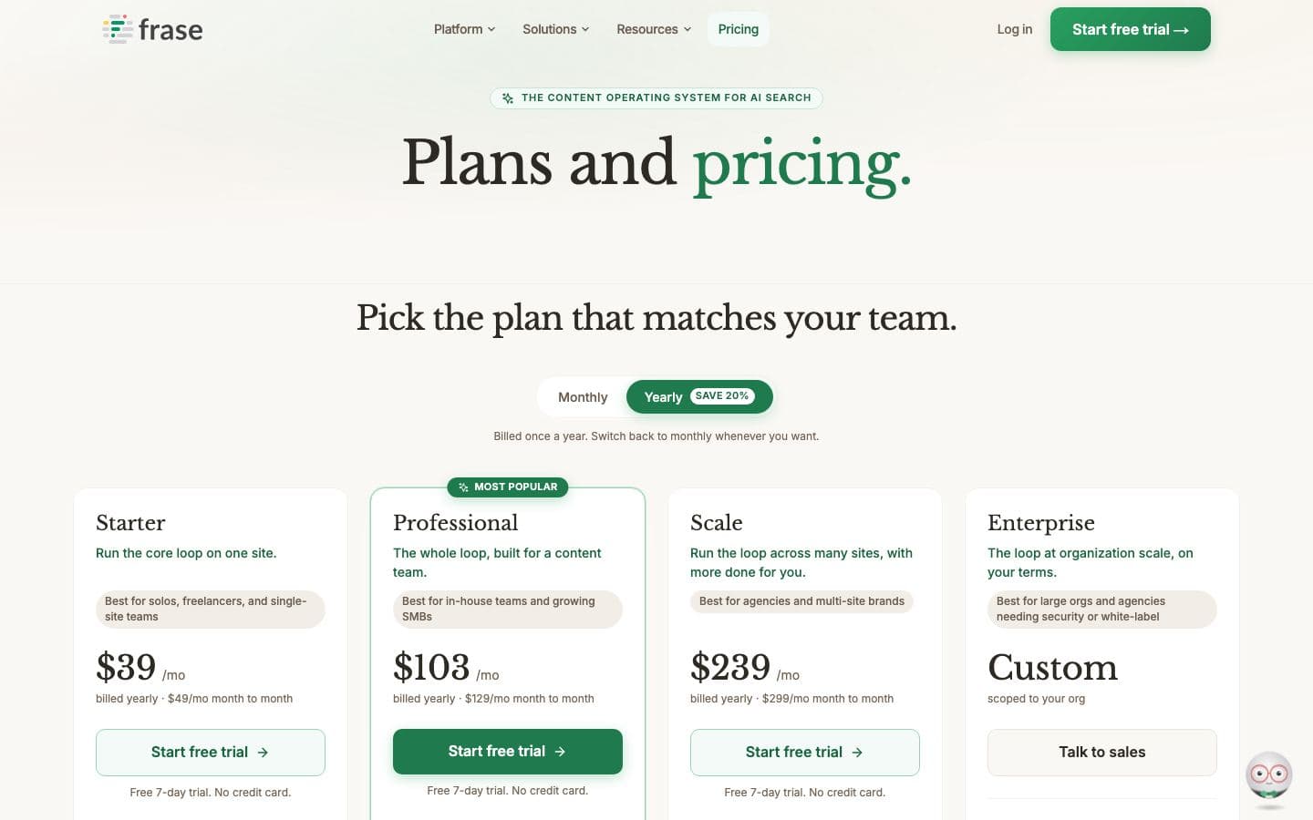Frase pricing page with its plans and prices