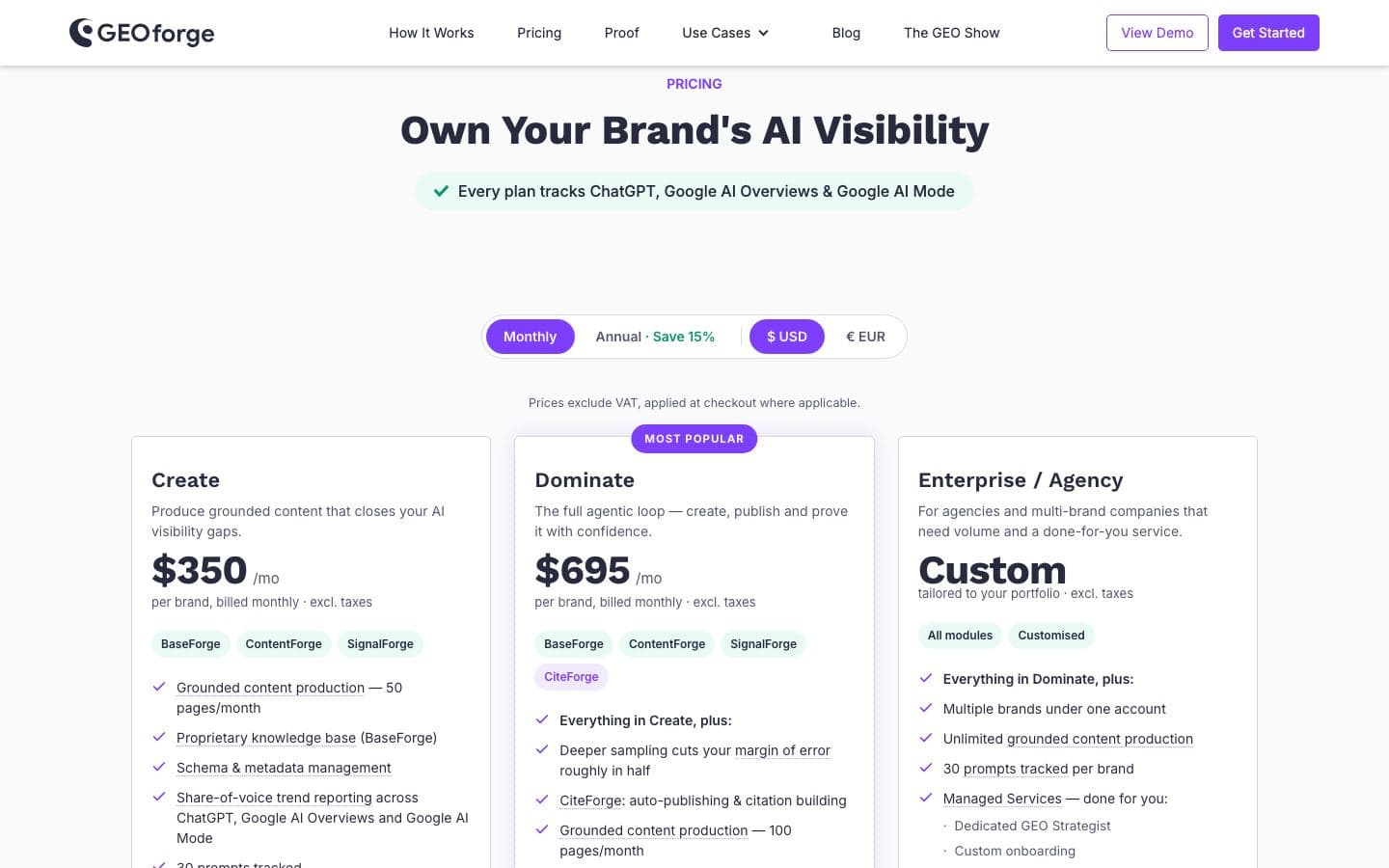 GEOforge pricing page with its plans and prices