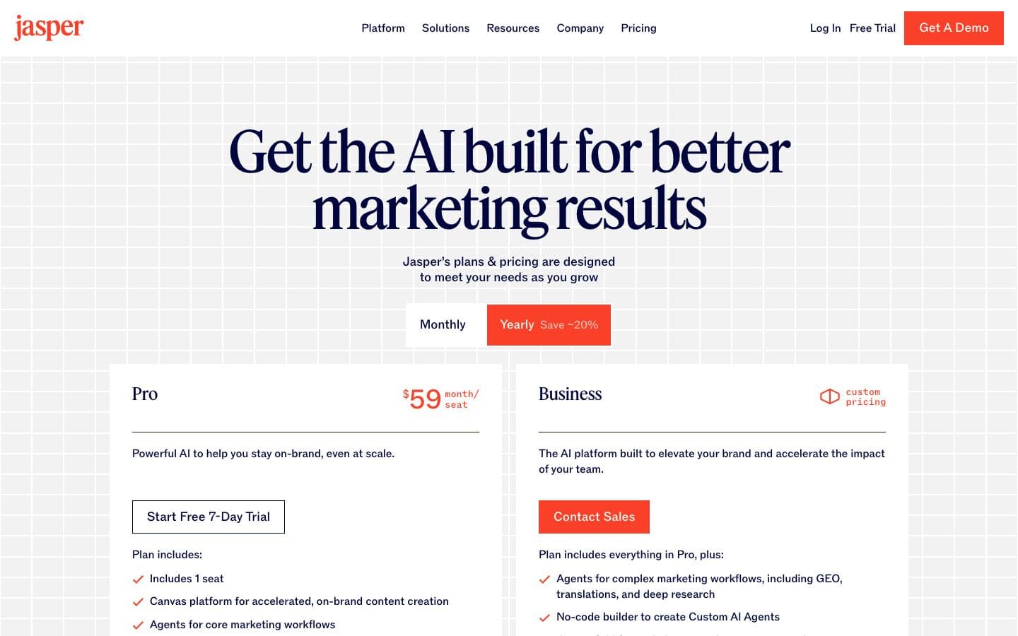 Jasper pricing page with its plans and prices