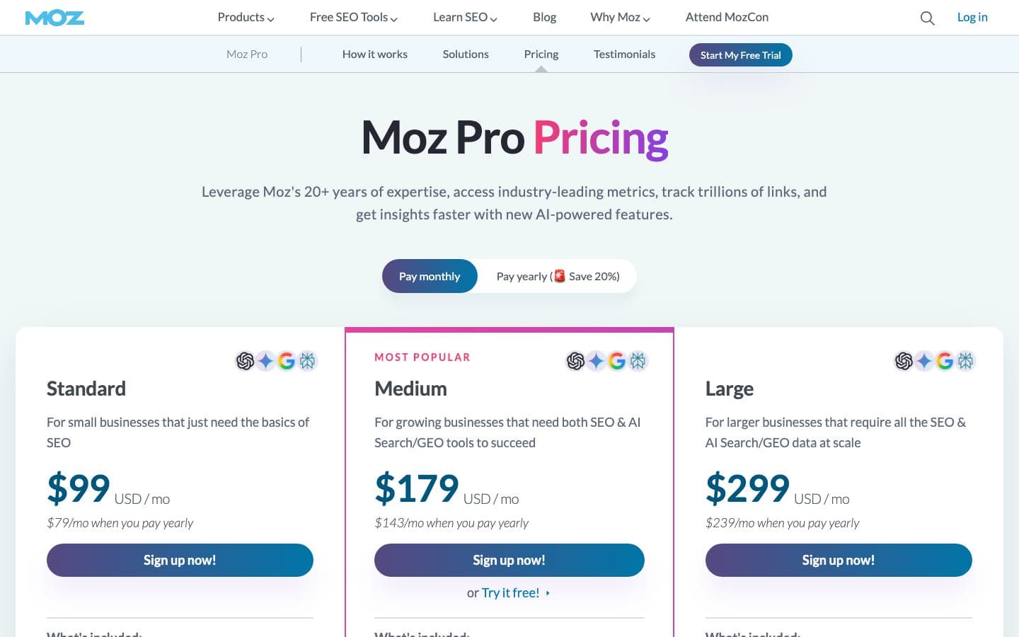 Moz Pro pricing page with its plans and prices