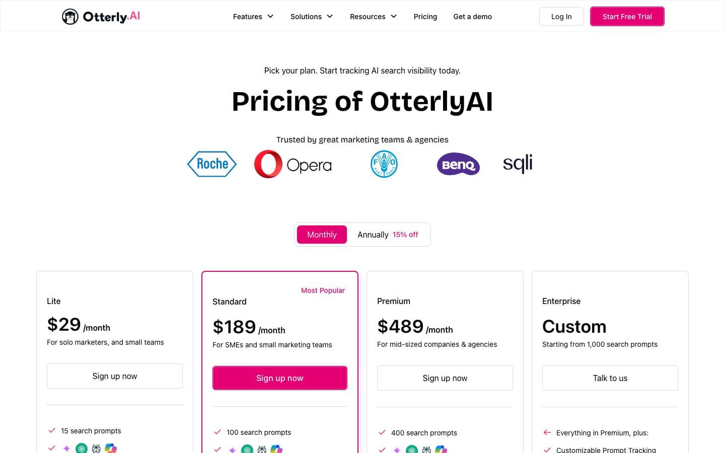 Otterly.AI pricing page with its plans and prices