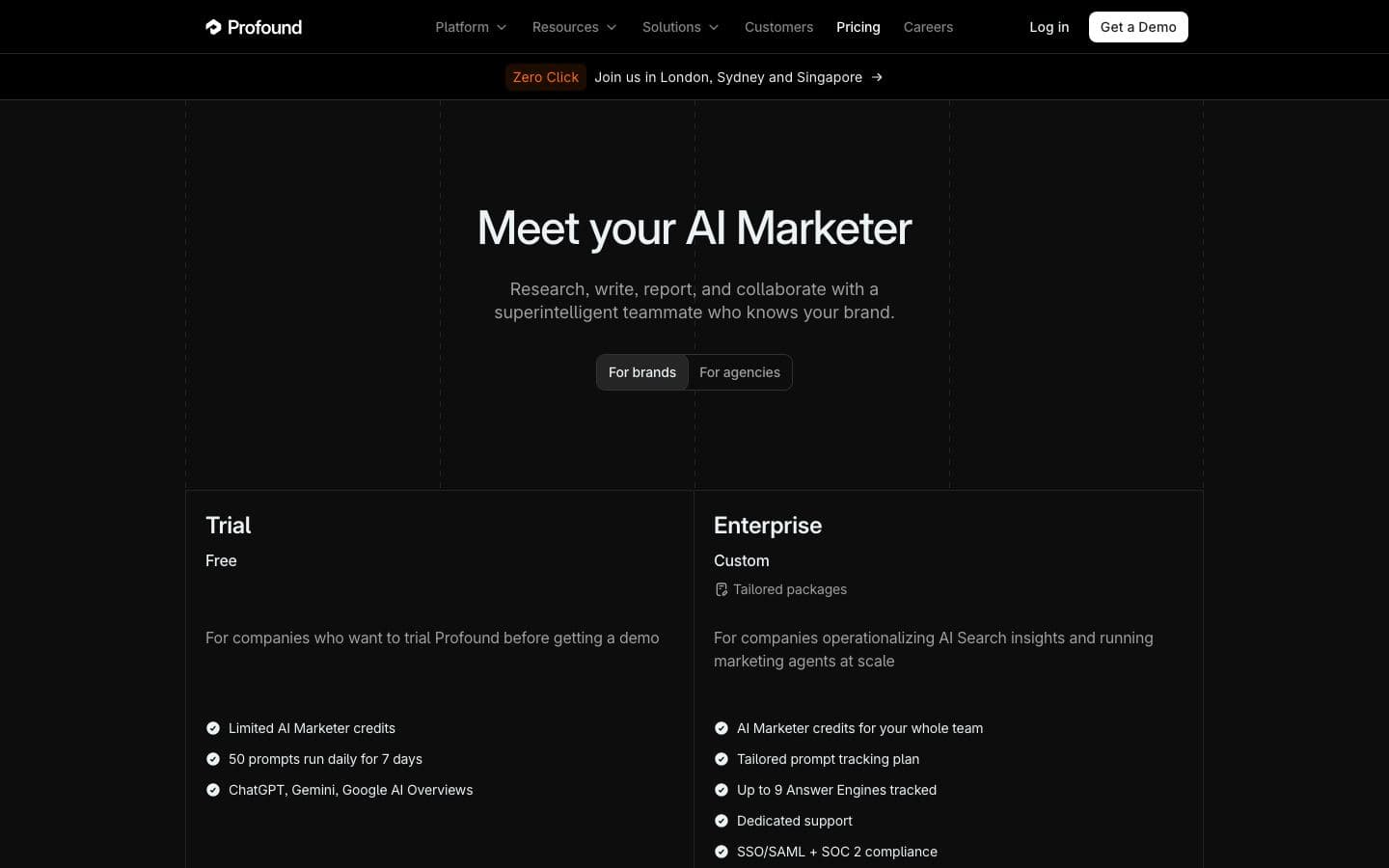 Profound pricing page with its plans and prices