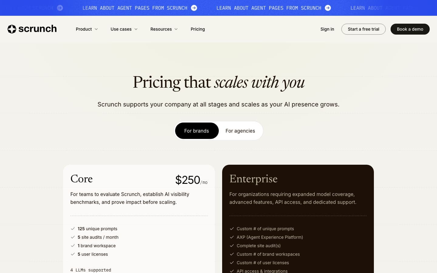 Scrunch pricing page with its plans and prices