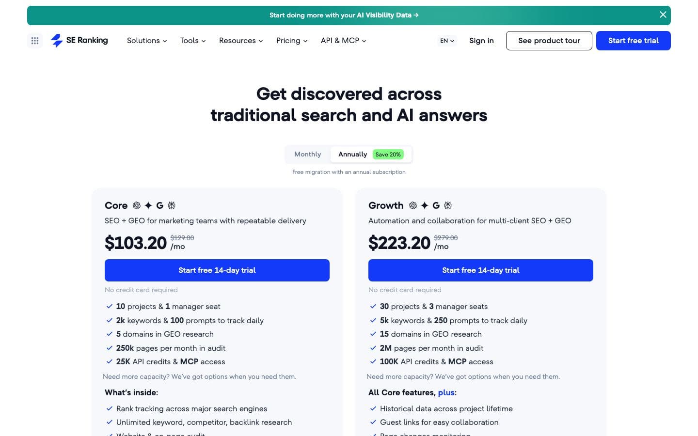 SE Ranking pricing page with its plans and prices