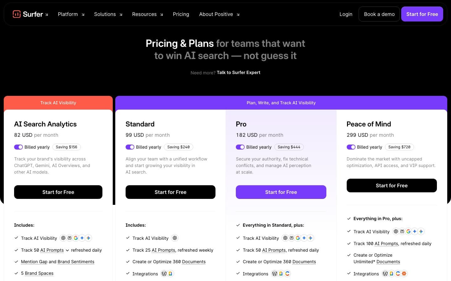 Surfer pricing page with its plans and prices