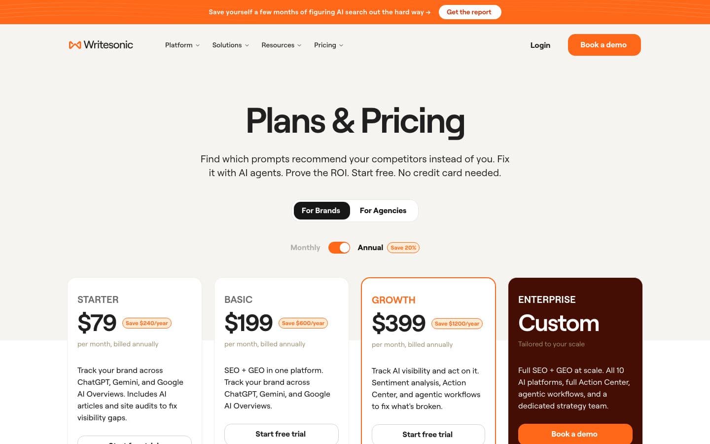 Writesonic pricing page with its plans and prices